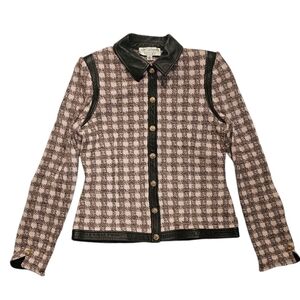 St. John by Marie Gray Blazer Jacket Women's Size 8 Brown & Pink Leather Plaid